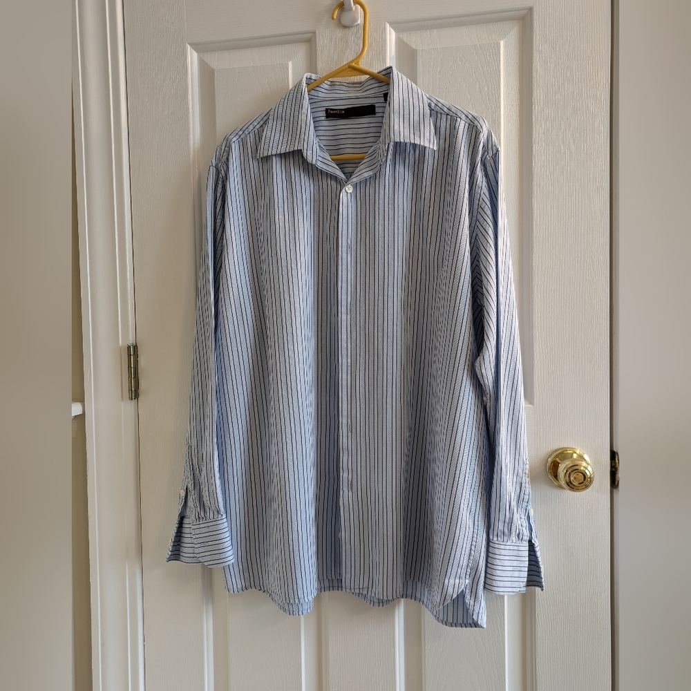 Mens Perry Ellis Button Up Long Sleeve Blue Stripes Shirt